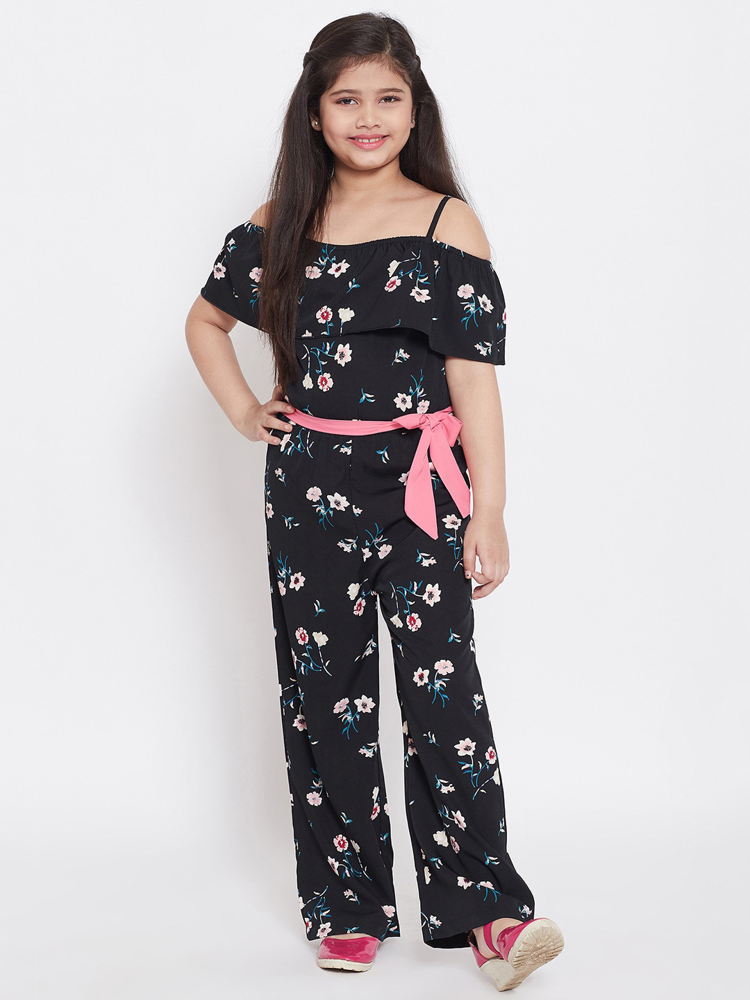 Stylo Bug Girls Black & White Floral Printed Jumpsuit