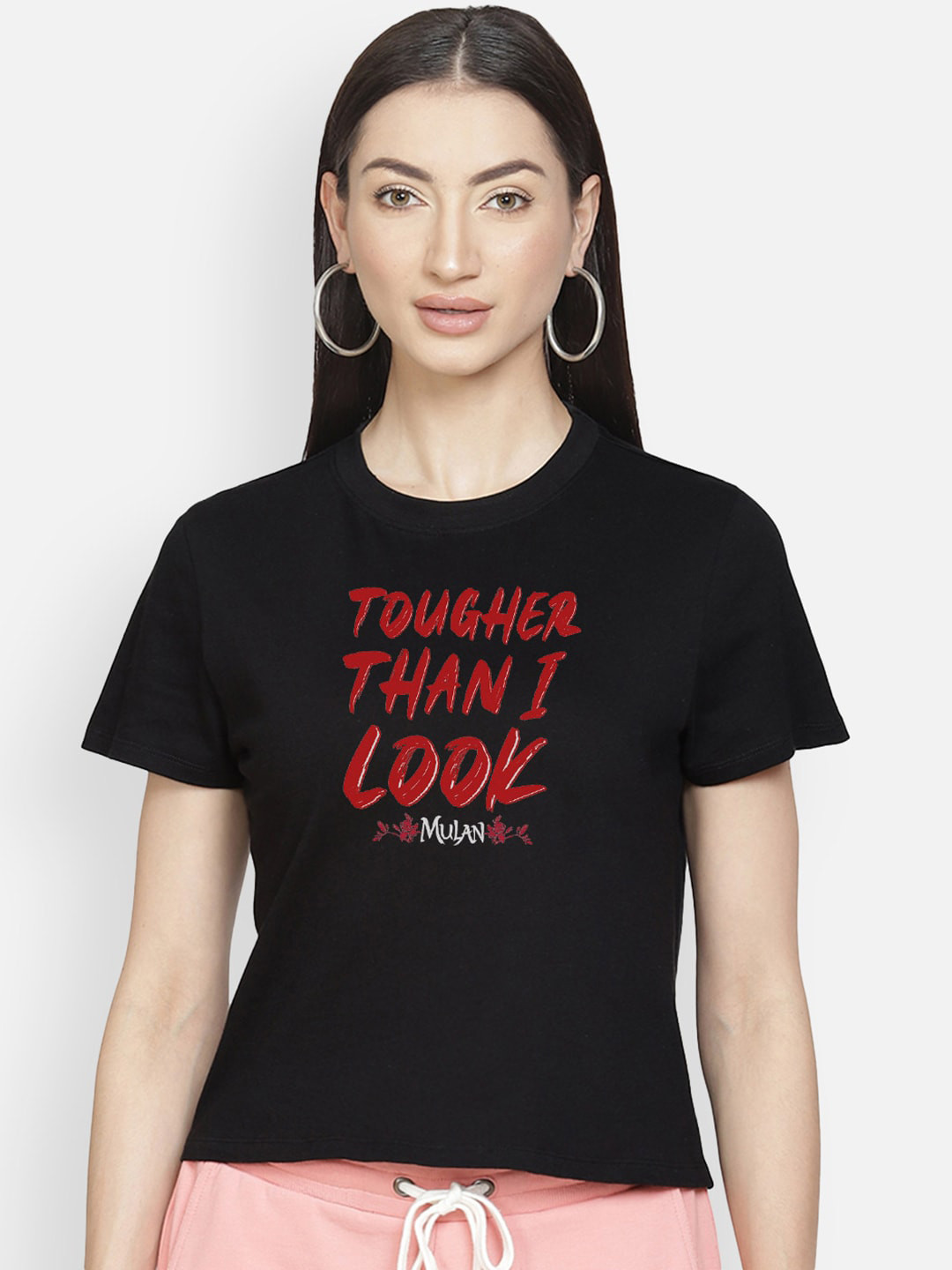 Free Authority Women Black Mulan Print Round Neck Pure Cotton T-shirt