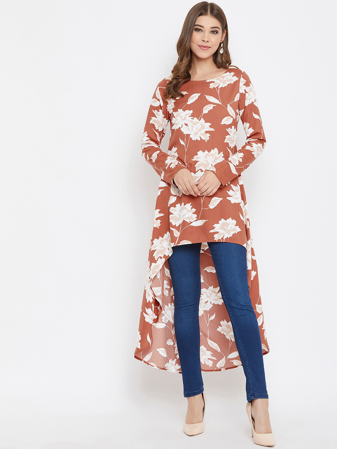 Berrylush Brown & White Floral Printed Crepe High-Low Longline Top