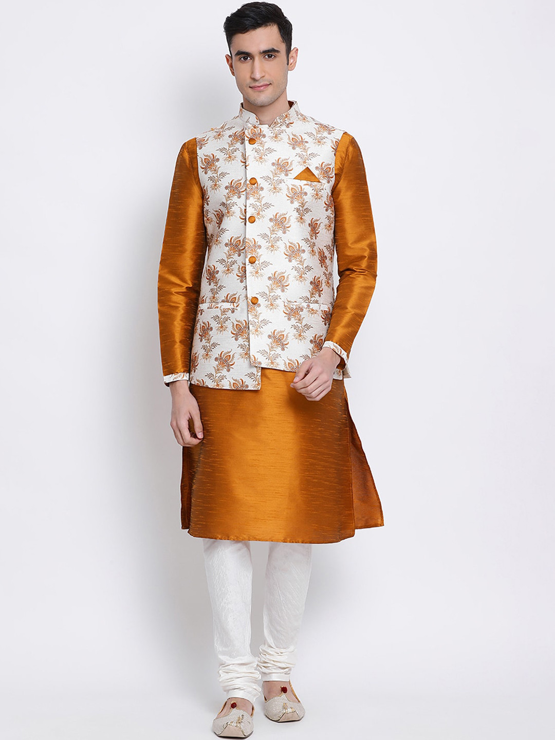 Here&Now X Sanwara  Men Orange & White Solid Art Silk Kurta with Churidar & Jacket