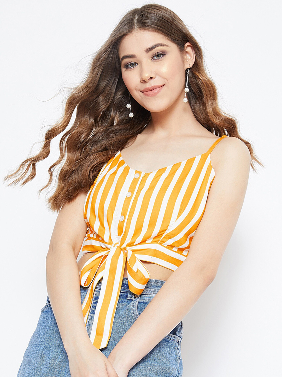 Berrylush Striped Waist Tie-Up Regular Crop Top