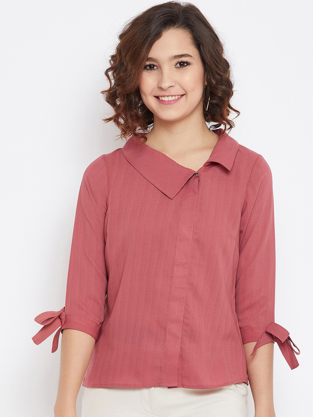 Imfashini Women Peach-Coloured Solid Shirt Style Top