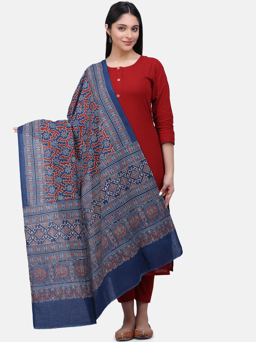 THE WEAVE TRAVELLER Blue & Red Printed Dupatta