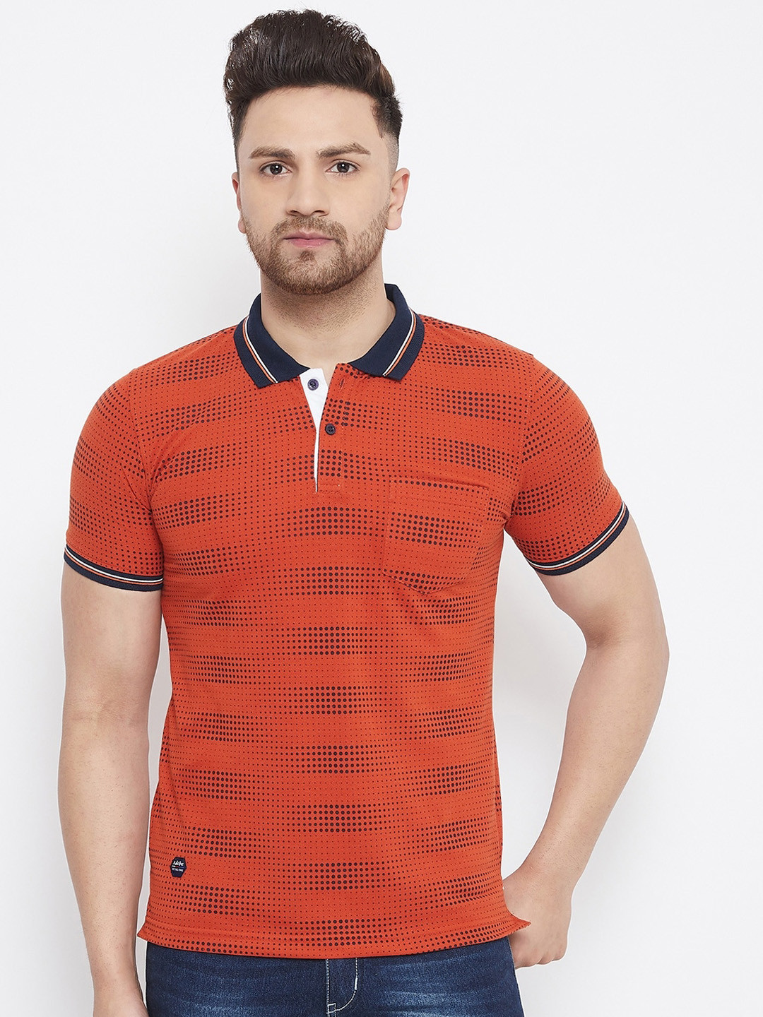 Adobe Men Rust Striped Polo Collar T-shirt