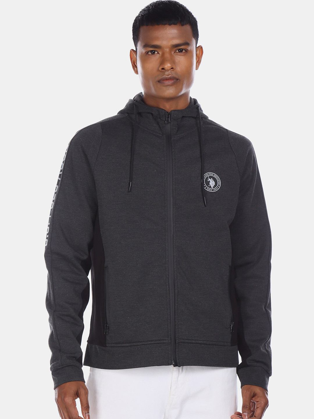 U.S. Polo Assn. Men Charcoal Grey Printed Hooded Sweatshirt