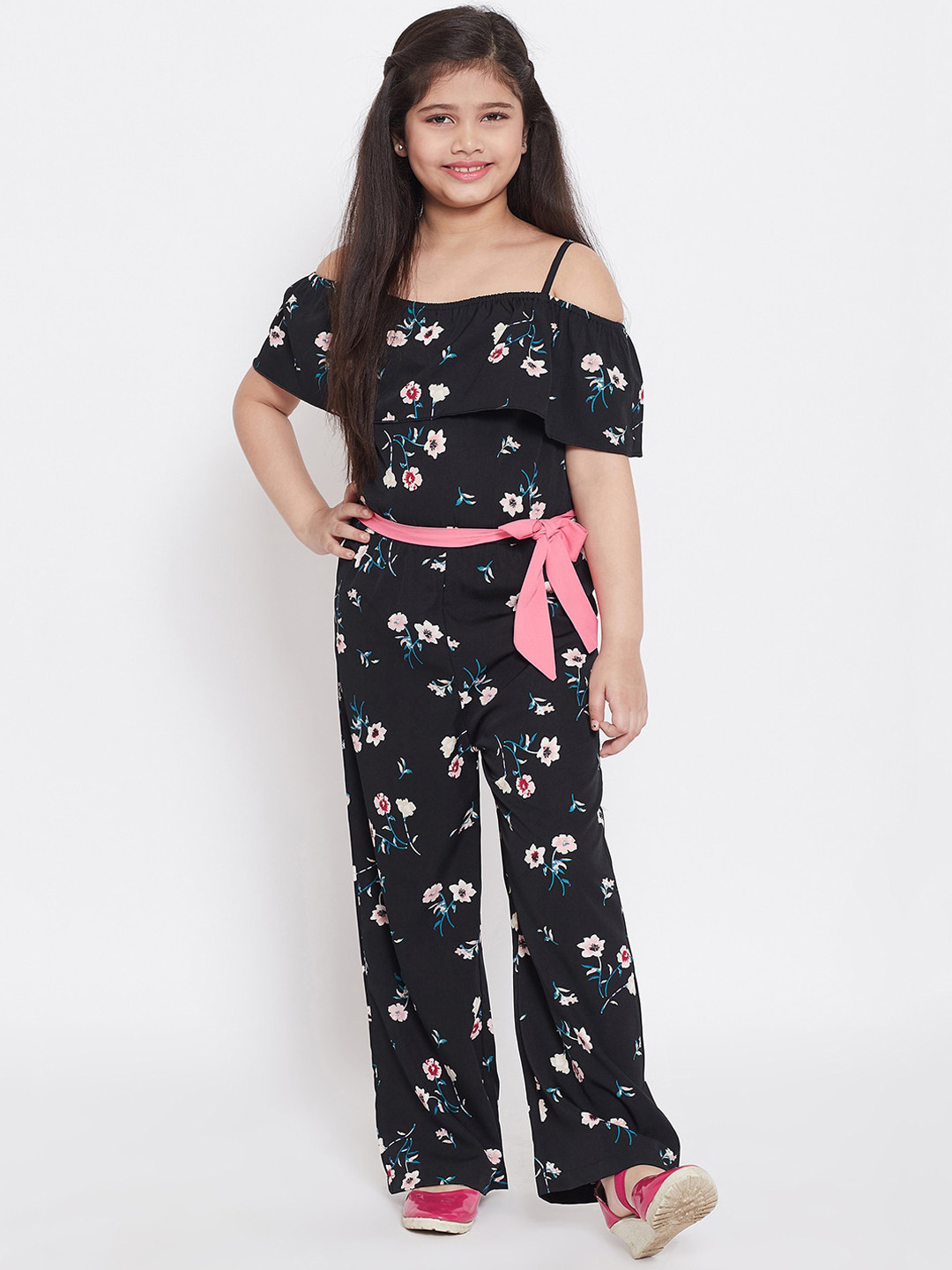 Stylo Bug Girls Black Printed Basic Jumpsuit