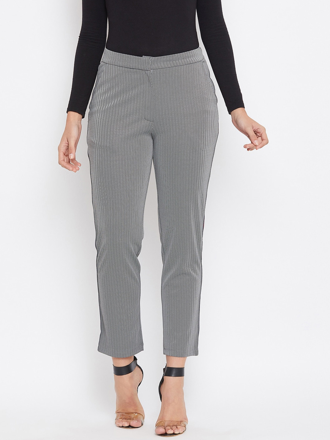 Crimsoune Club Women Grey Slim Fit Striped Regular Trousers