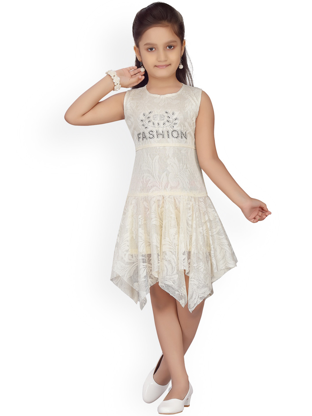Aarika Girls Cream-Coloured Self Design A-Line Dress