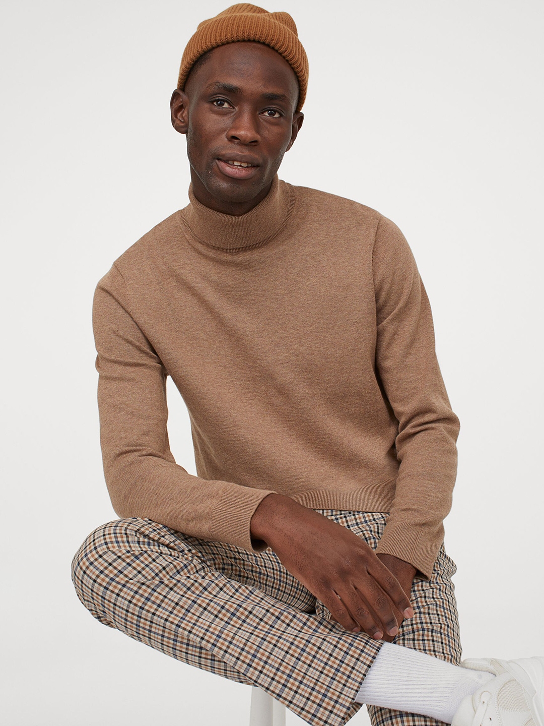 H M Men Beige Fine Knit Polo Neck Jumper
