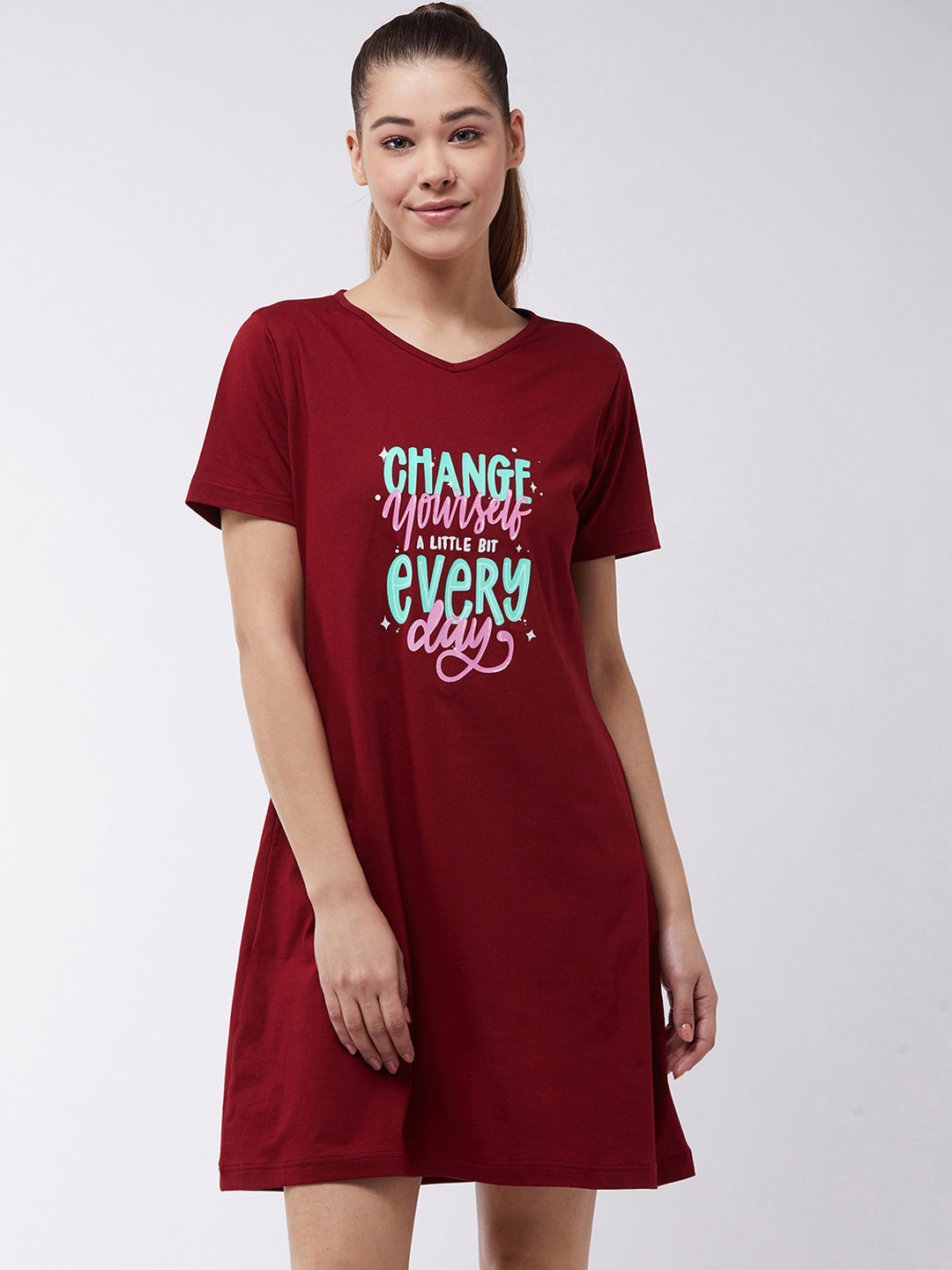 Miss Chase Maroon Printed Sleep Shirt