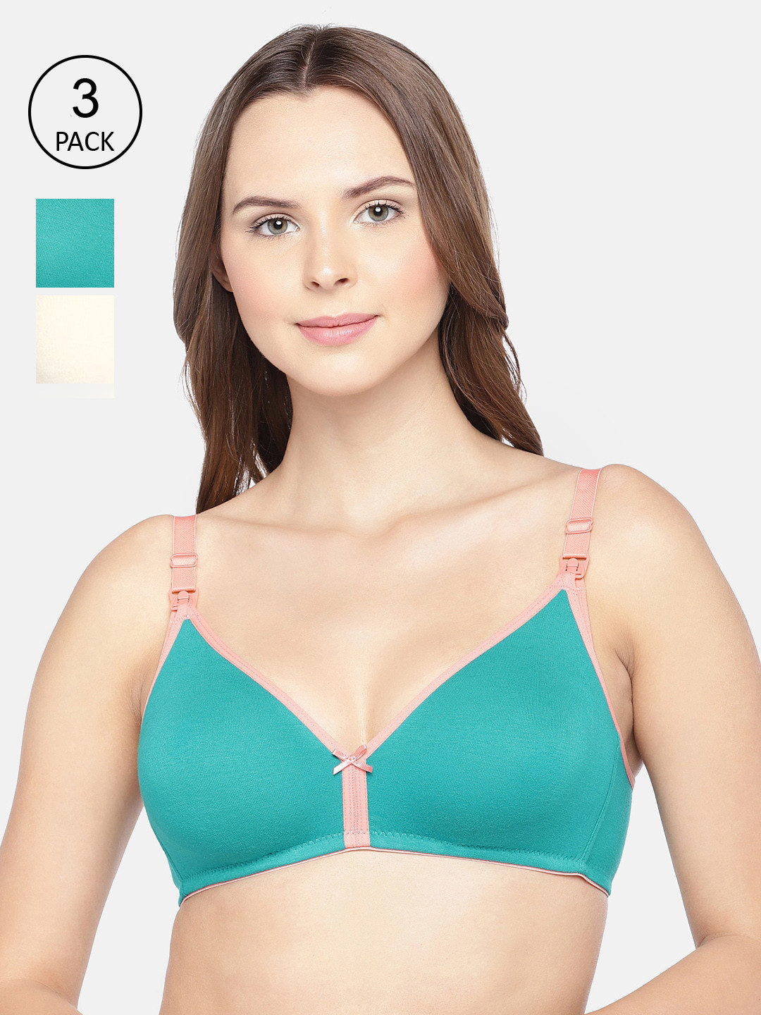 Inner Sense Pack of 3 Sea Green & Beige Solid Non-Wired Non Padded Maternity Bra
