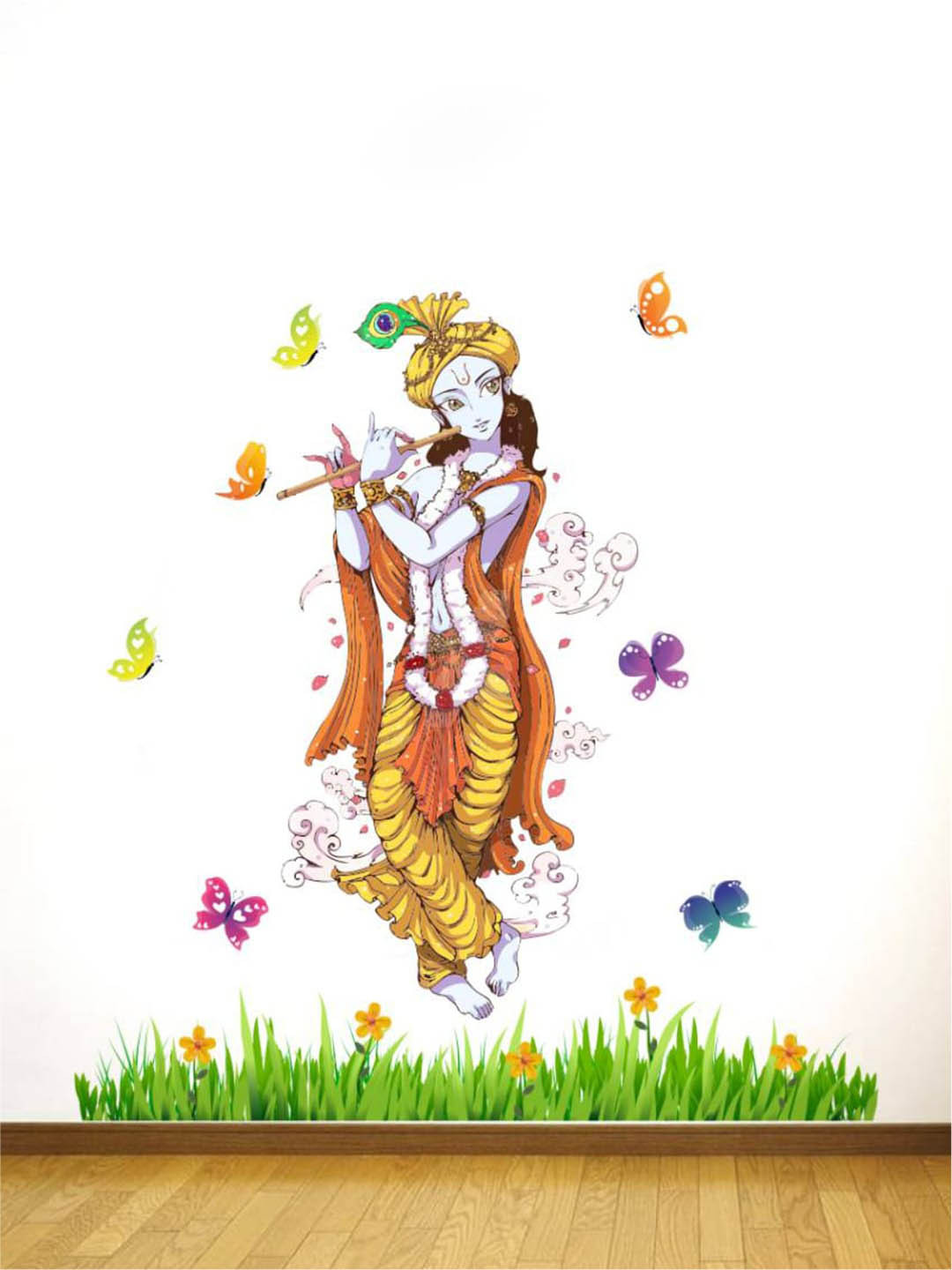 rawpockets Orange & Yellow Krishna with Flute and Butterflies Wall Sticker
