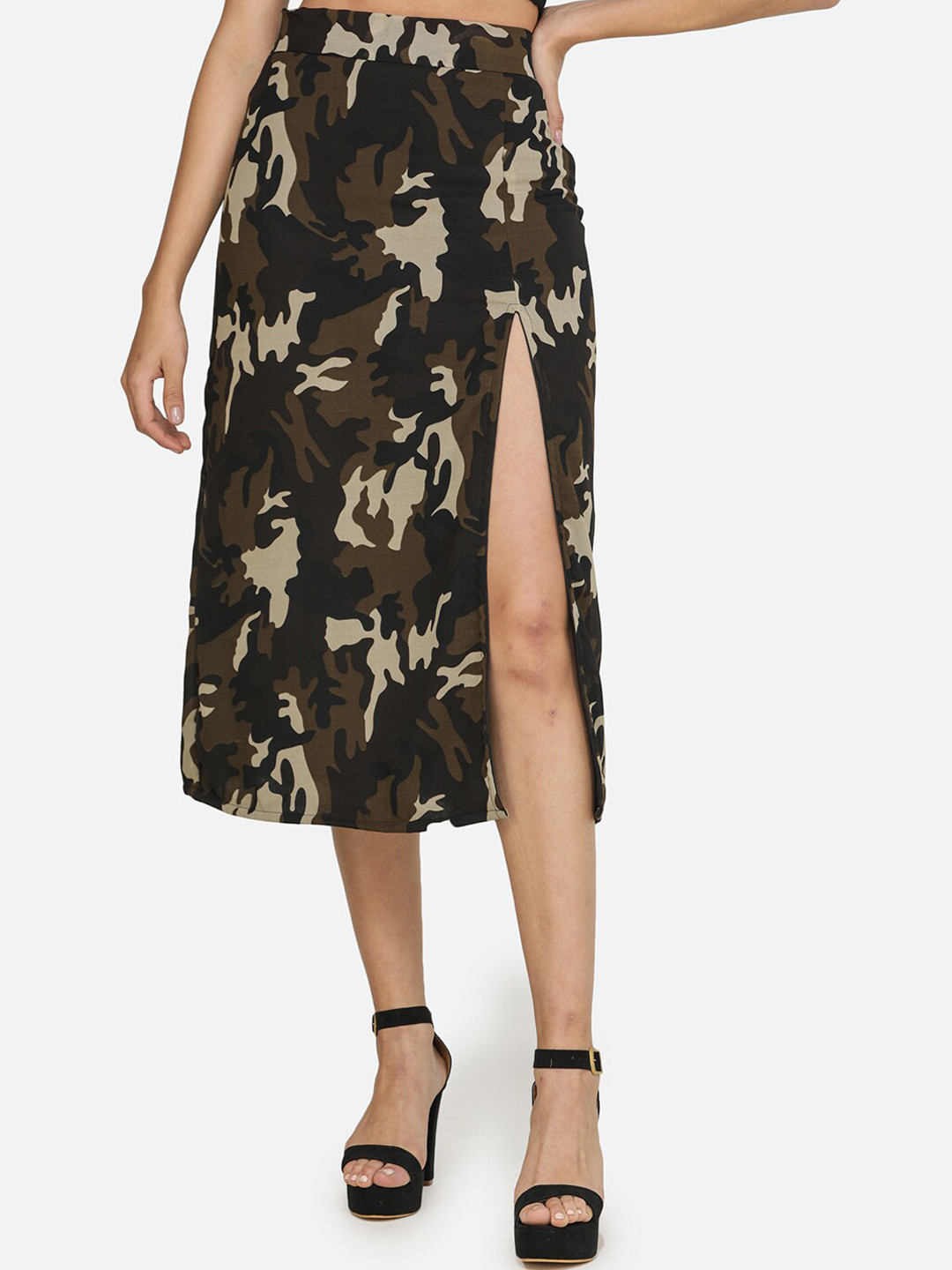 SCORPIUS Women Black & Olive Green Printed Straight Midi Skirt