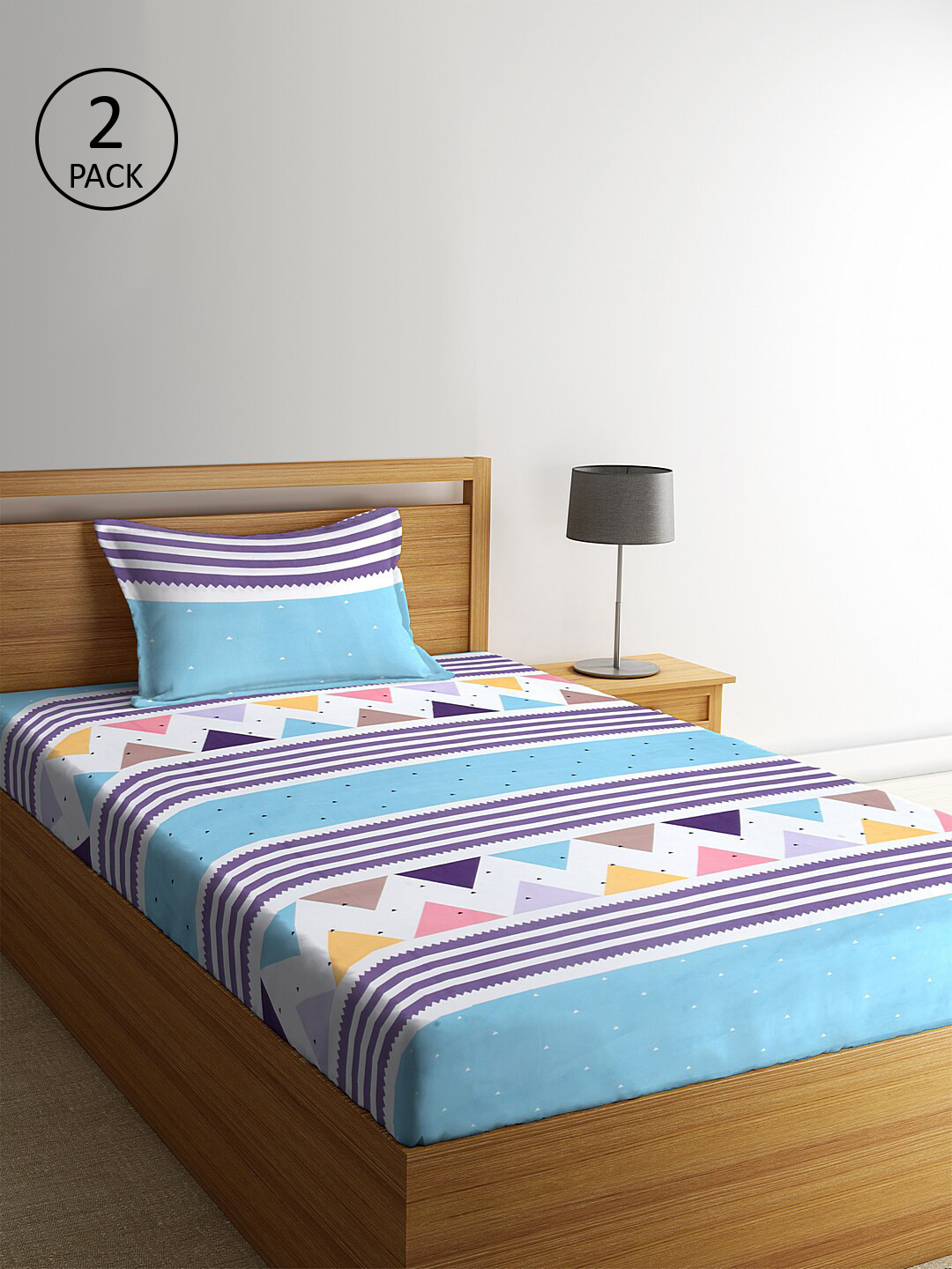 KLOTTHE Blue & White Geometric 210 TC Polycotton 2 Single Bedsheet with 2 Pillow Covers