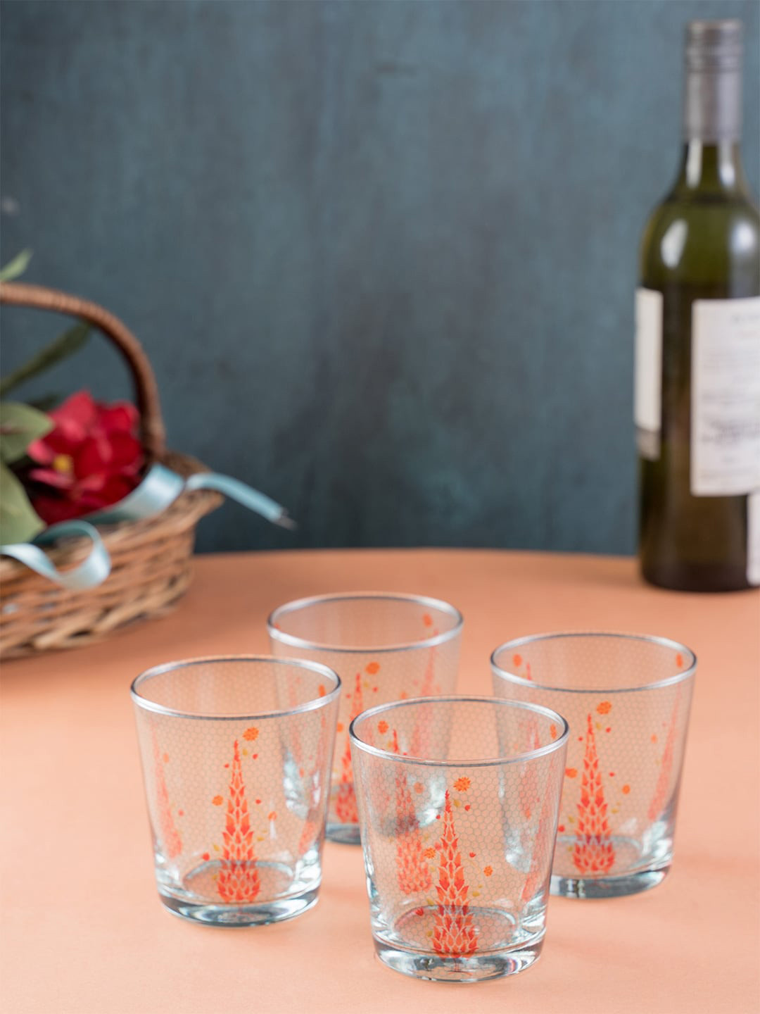 KOLOROBIA Set Of 4 Transparent & Red Babur Inspired Conical Glass Tumbler 250 ml