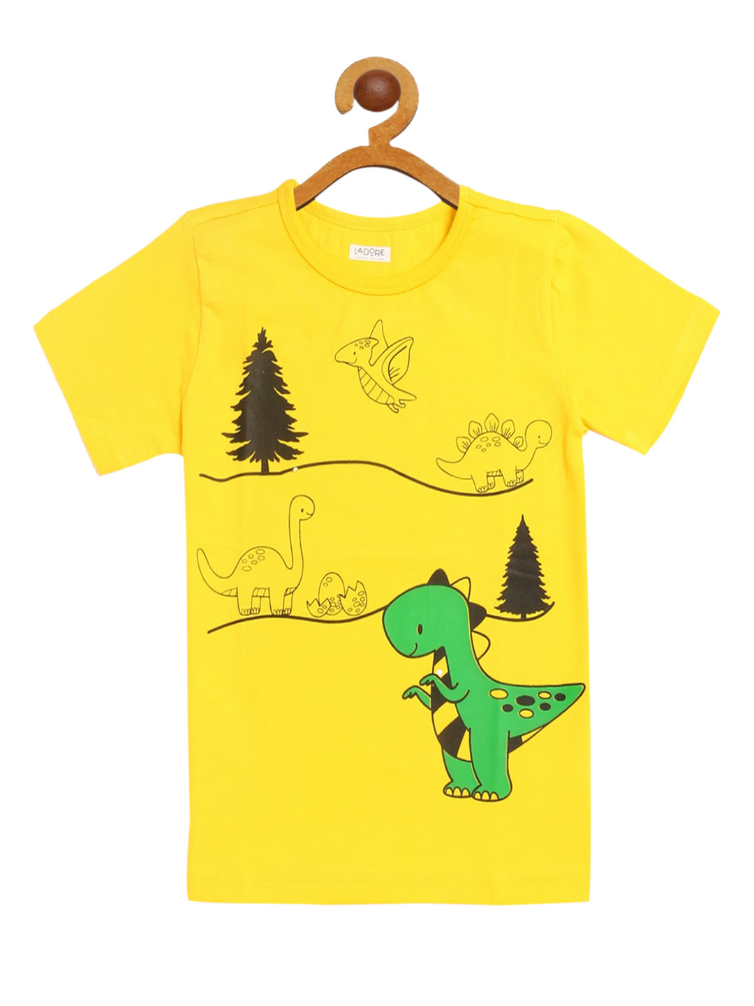 LAdore Unisex Kids Yellow Dinosaurus Printed Round Neck Cotton T-shirt