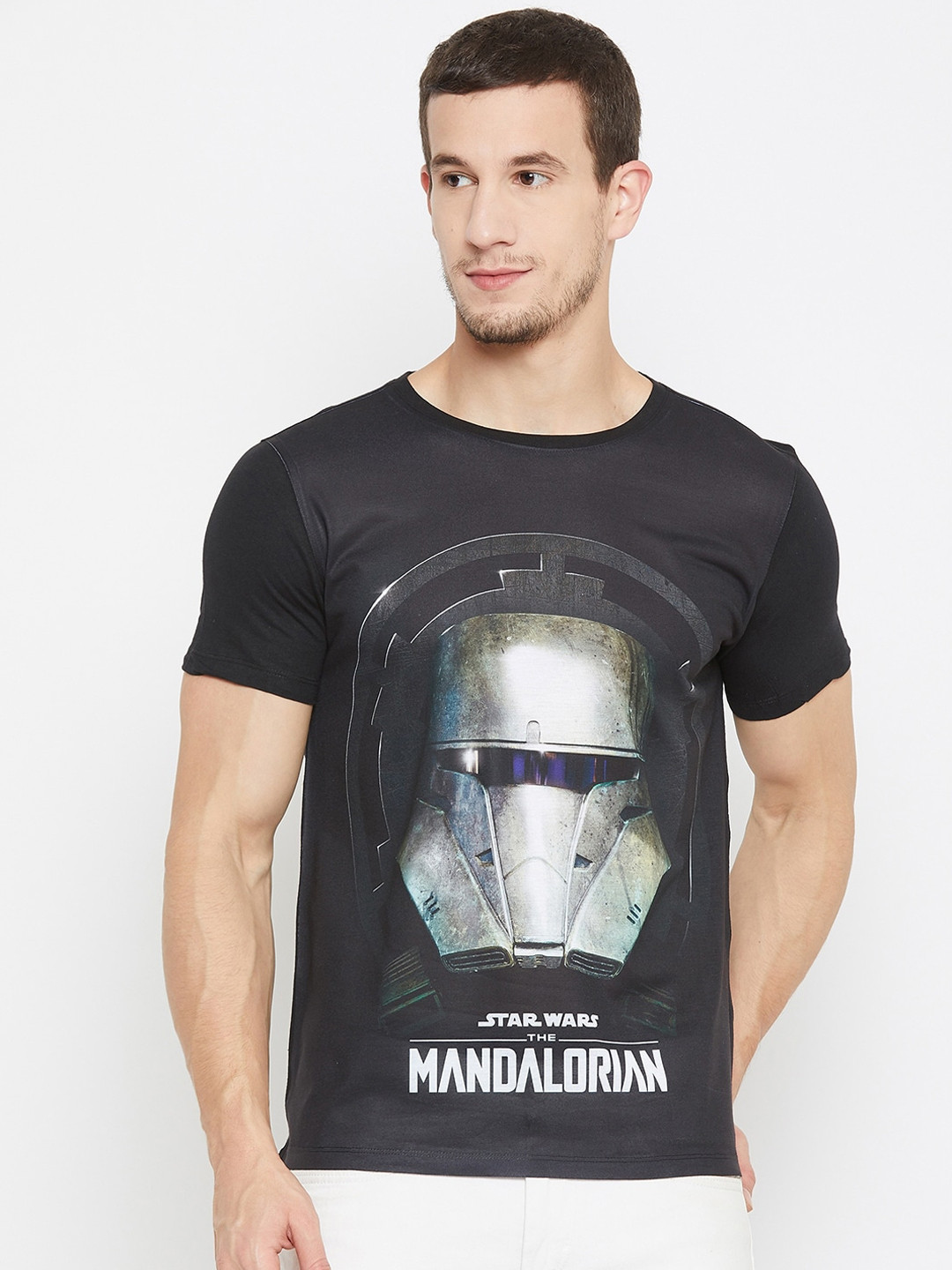 STAR WARS Men Black & Grey Mandalorian Printed Round Neck T-shirt