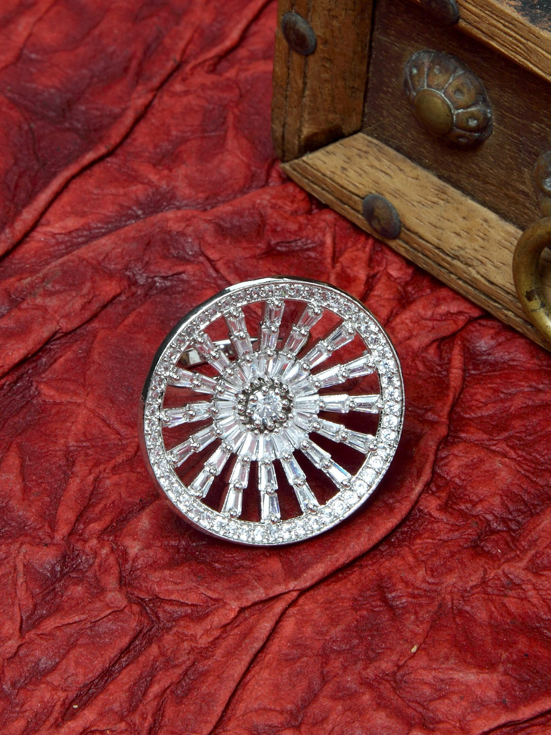 PANASH Rhodium-Plated Silver-Toned & White AD-Studded Handcrafted Adjustable Finger Ring