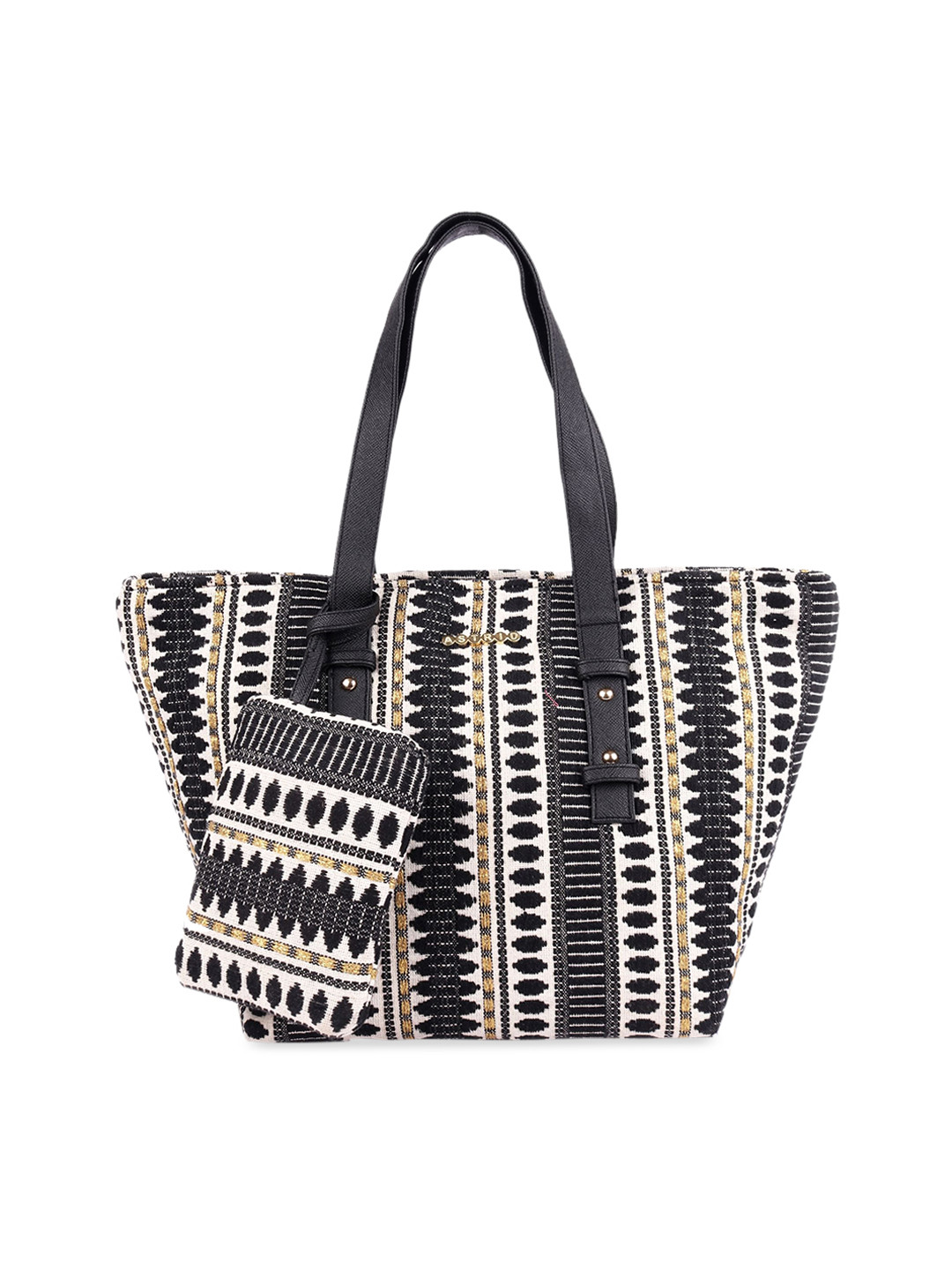 ASTRID Black Black & White Self Design Tote Bag With Coin Pouch