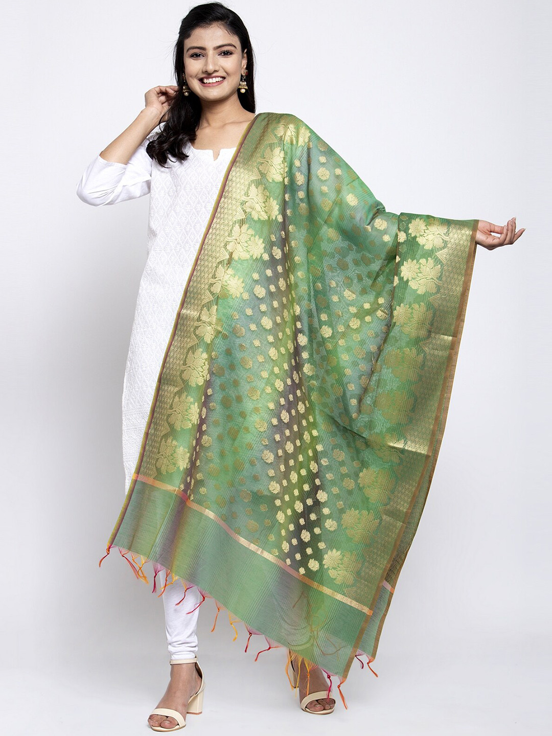 LOOM LEGACY Green & Gold-Toned Banarsi Cotton Silk Jacquard Dupatta