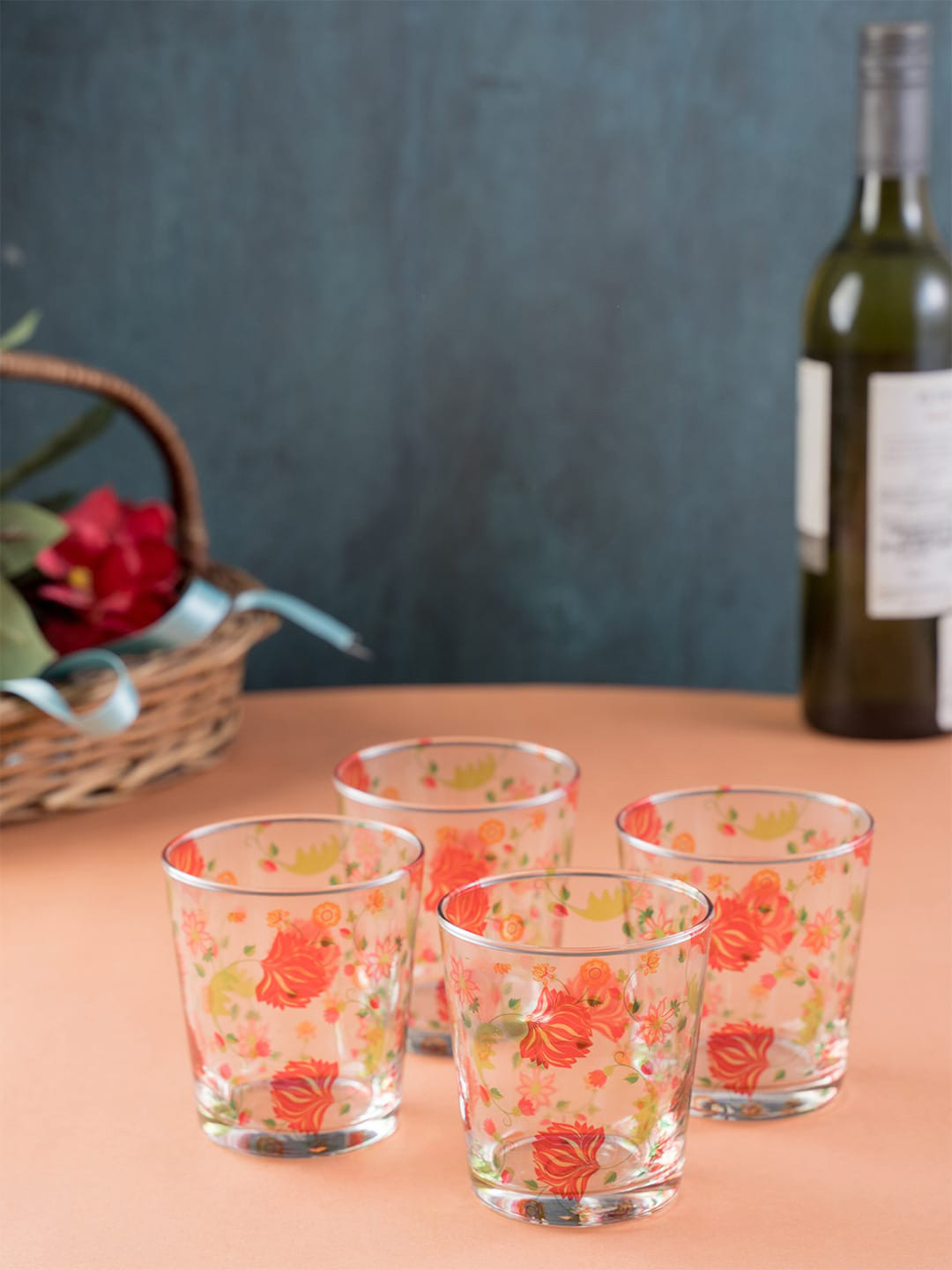 KOLOROBIA Set Of 4 Pink & Green Ornate Mughal Glass Tumbler 250 ml