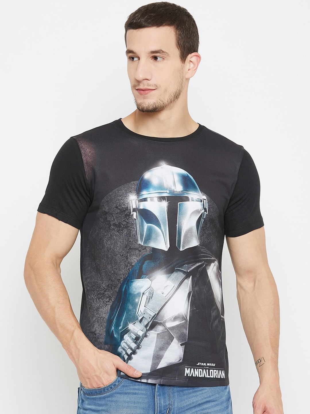 STAR WARS Men Black Mandalorian Printed Round Neck T-shirt