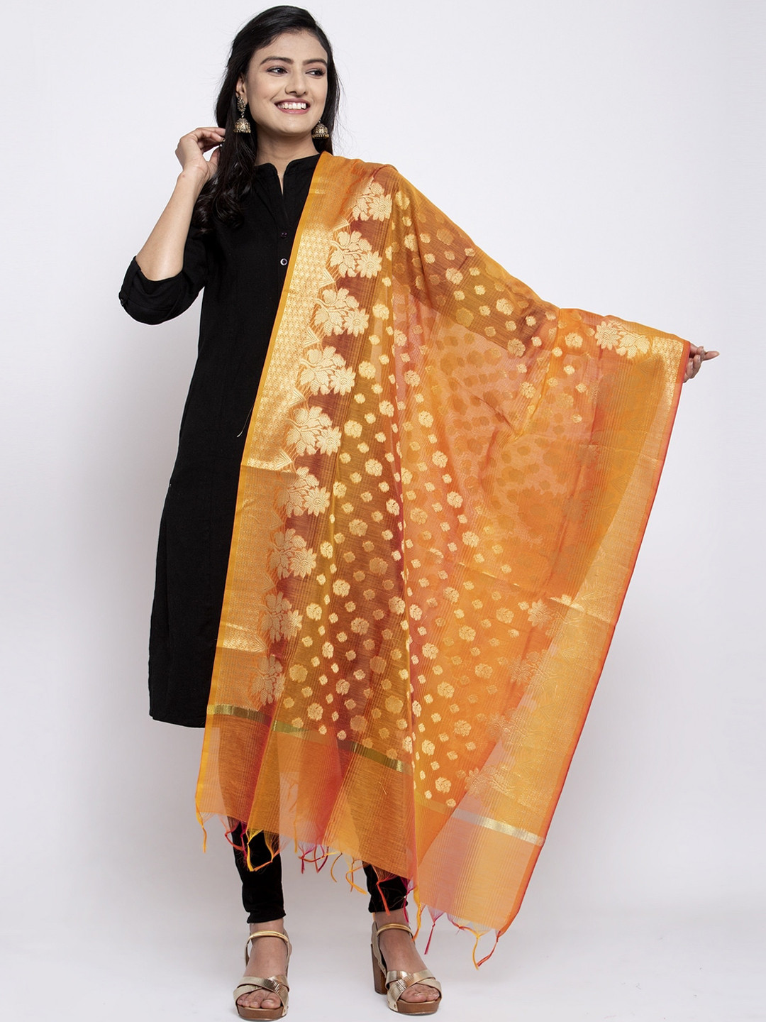 LOOM LEGACY Orange & Gold-Toned Banarsi Cotton Silk Jacquard Dupatta