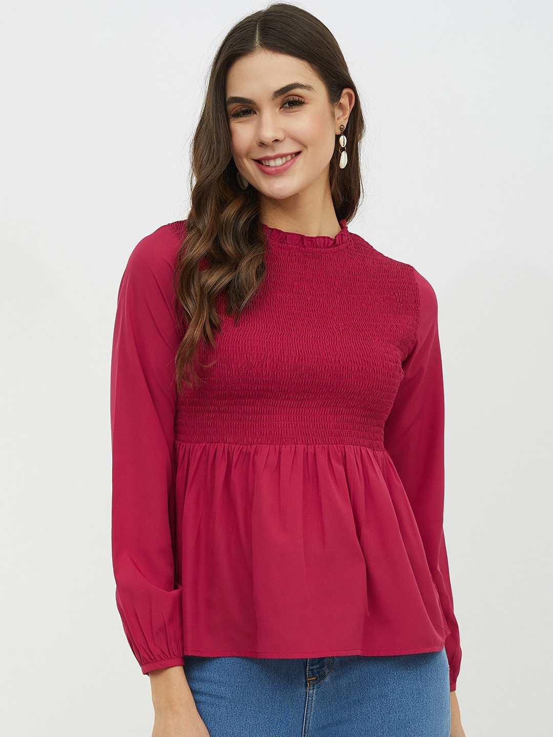 Harpa Magenta Solid Crepe Round Neck Smocked Regular Sleeves Peplum Top