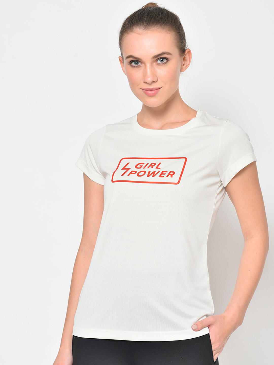 PERFKT-U Women Off-White Printed Round Neck T-shirt