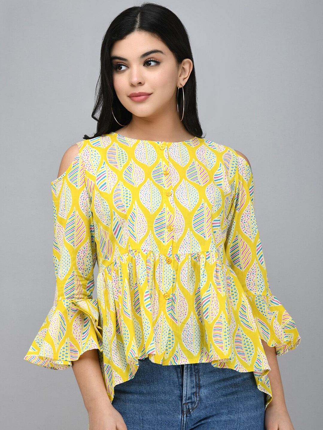 Myshka Yellow Floral Printed Bell Sleeves Pure Cotton Peplum Top