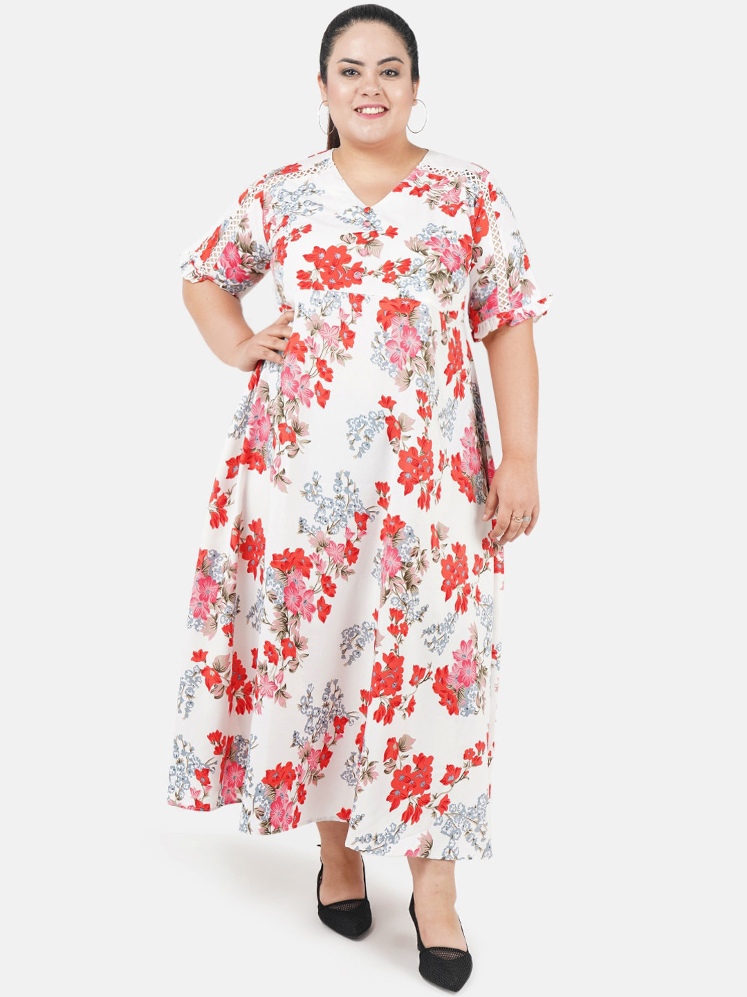 Indietoga Women White & Red Floral Printed Plus Size Maxi Dress