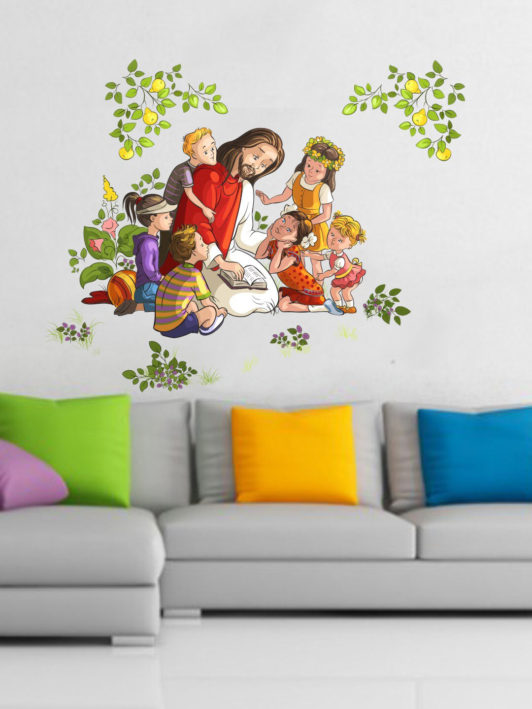 rawpockets Unisex Multicoloured Lord Jesus with Kids Printed Wallpaper