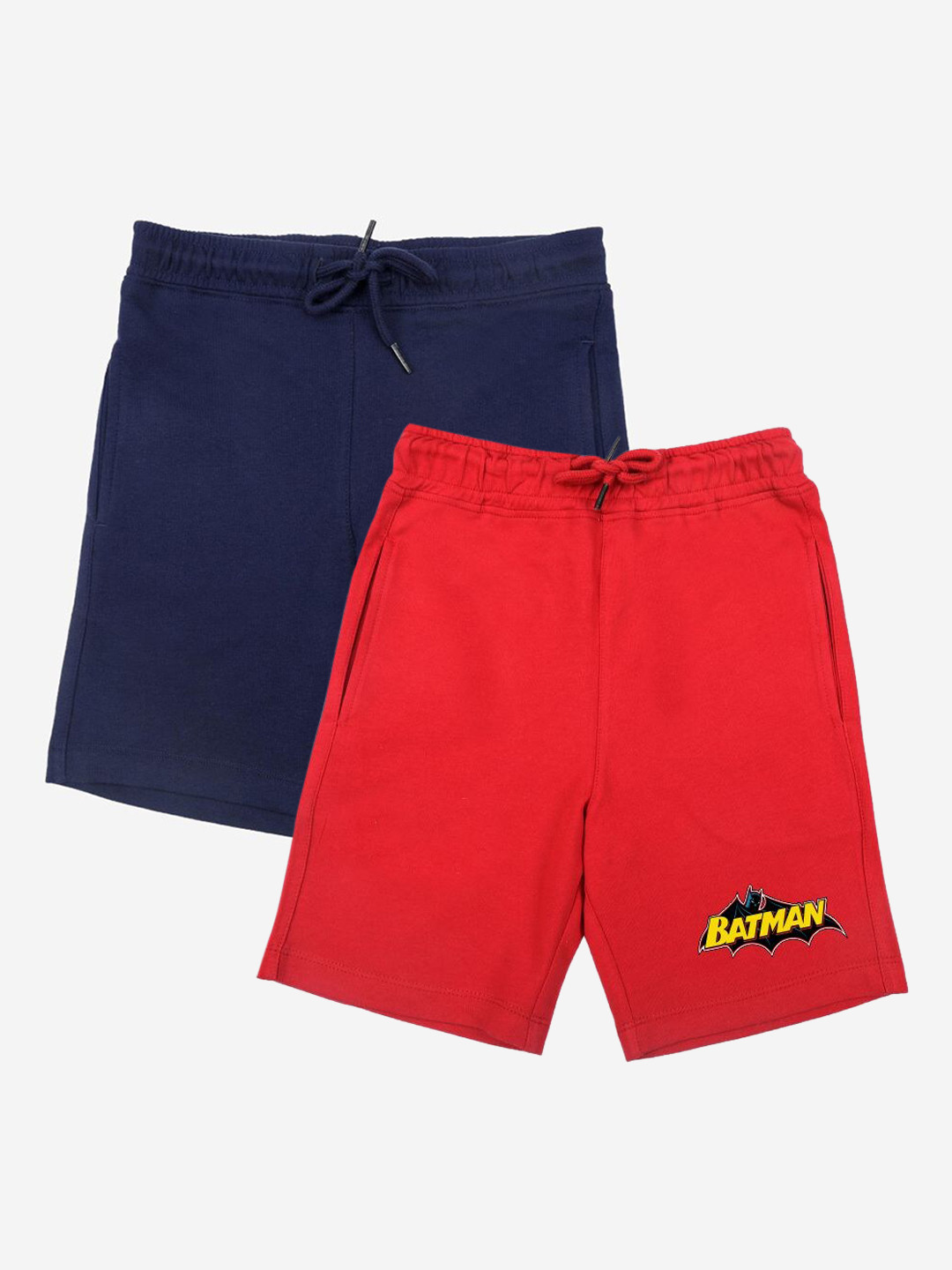 YK Justice League Boys Pack Of 2 Solid Regular Fit Sports Shorts with Batman Print Detail