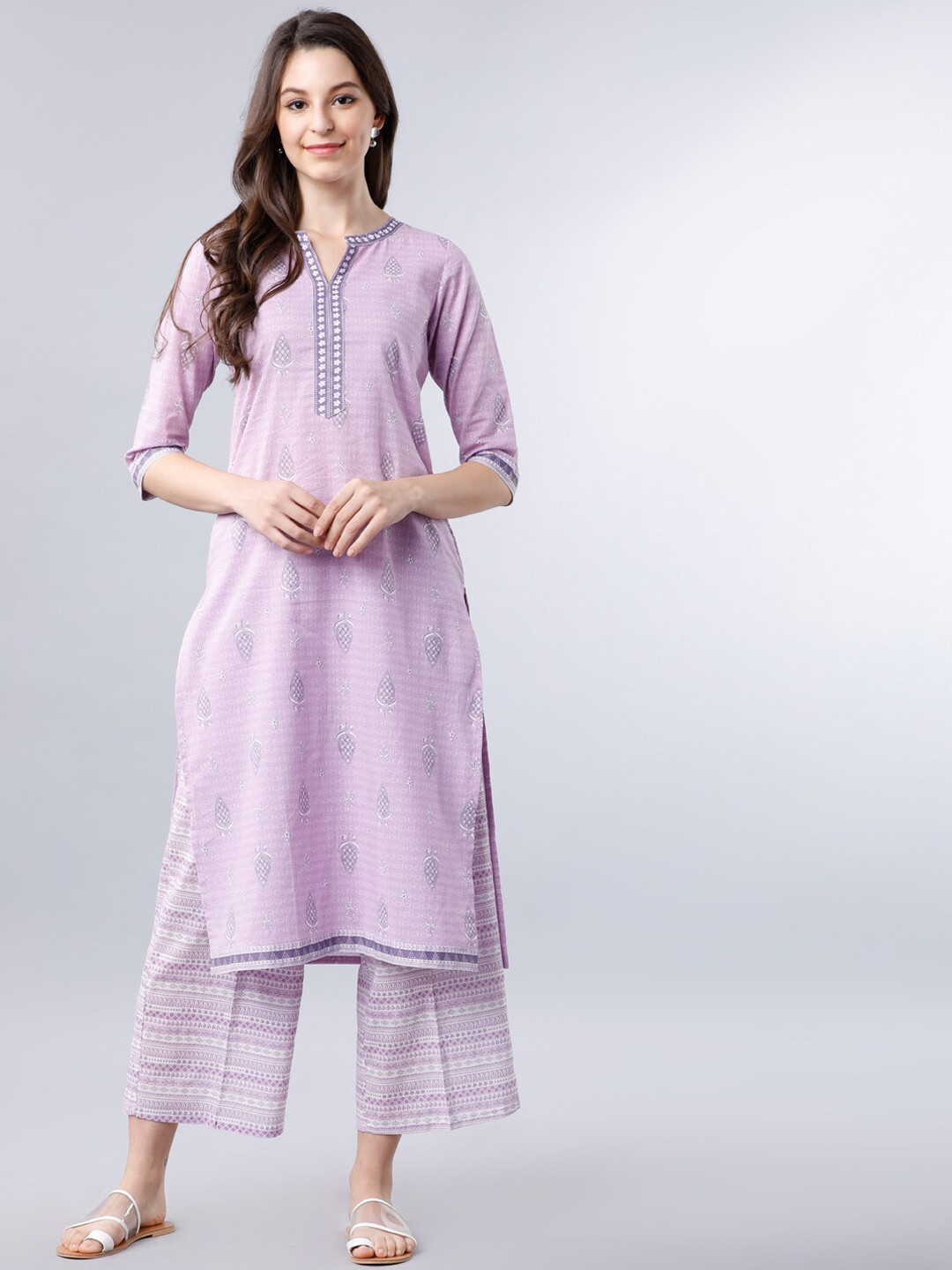 Vishudh Lavender & Grey Ethnic Motifs Printed Kurta