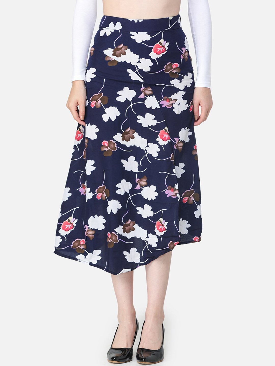 Cation Women Navy Blue & White Printed Midi Skirt