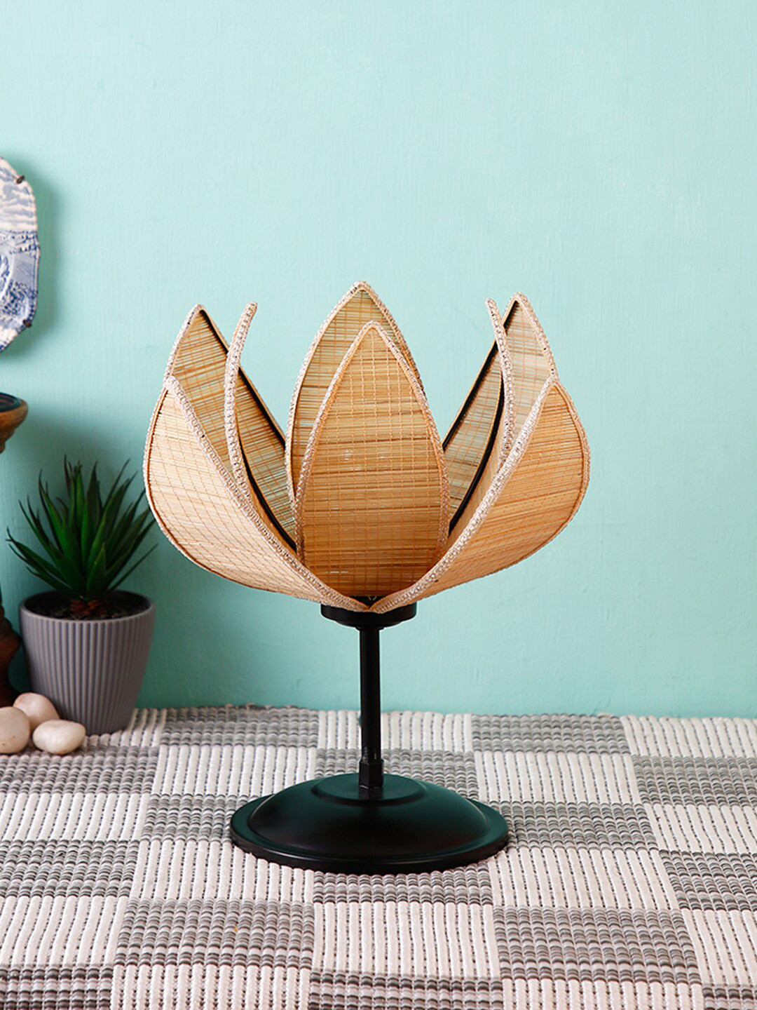 Devansh Beige & Black Textured Lotus Shaped Traditional Table Lamp