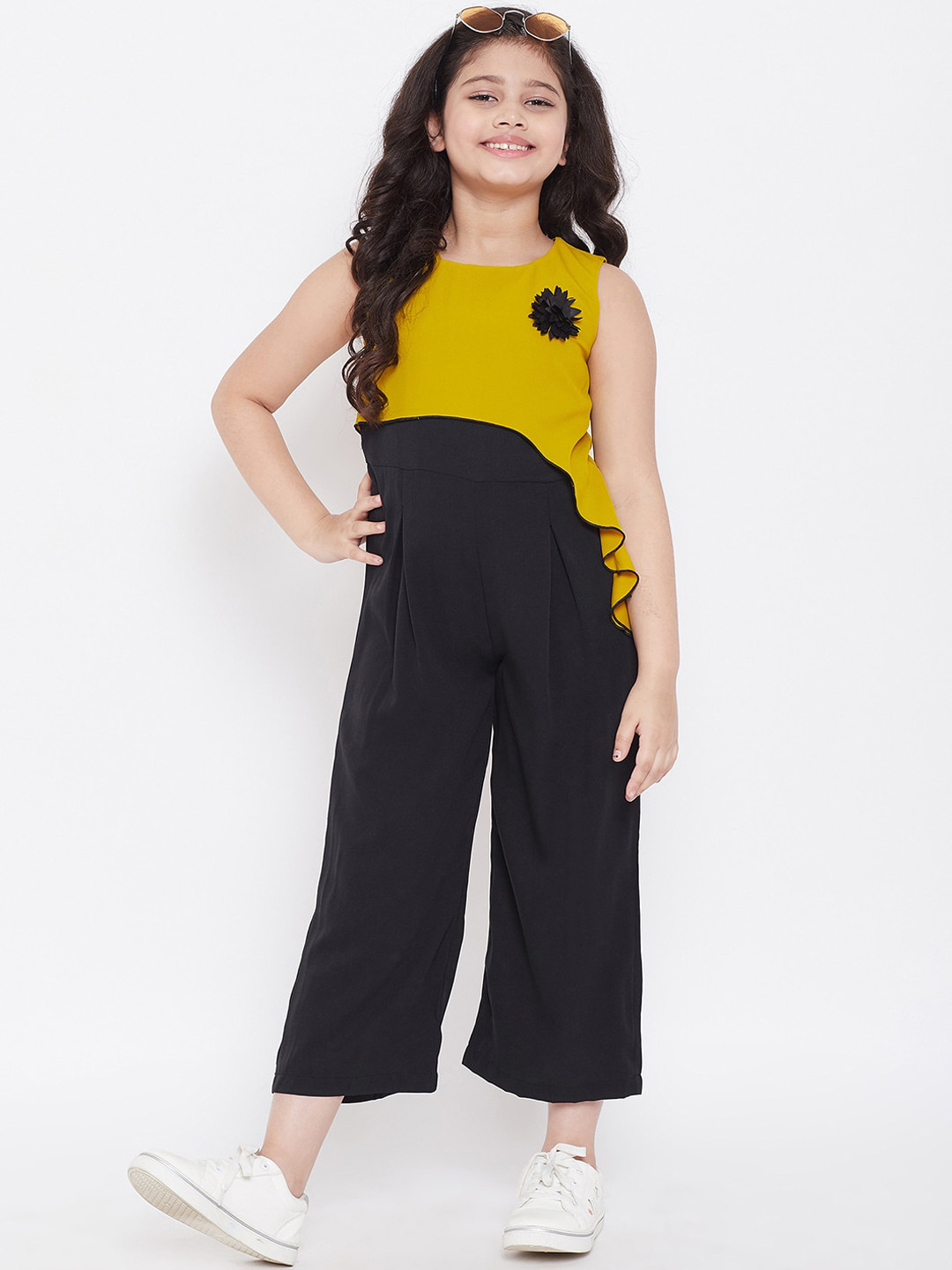 Stylo Bug Girls Black & Mustard Yellow Colourblocked Culotte Jumpsuit