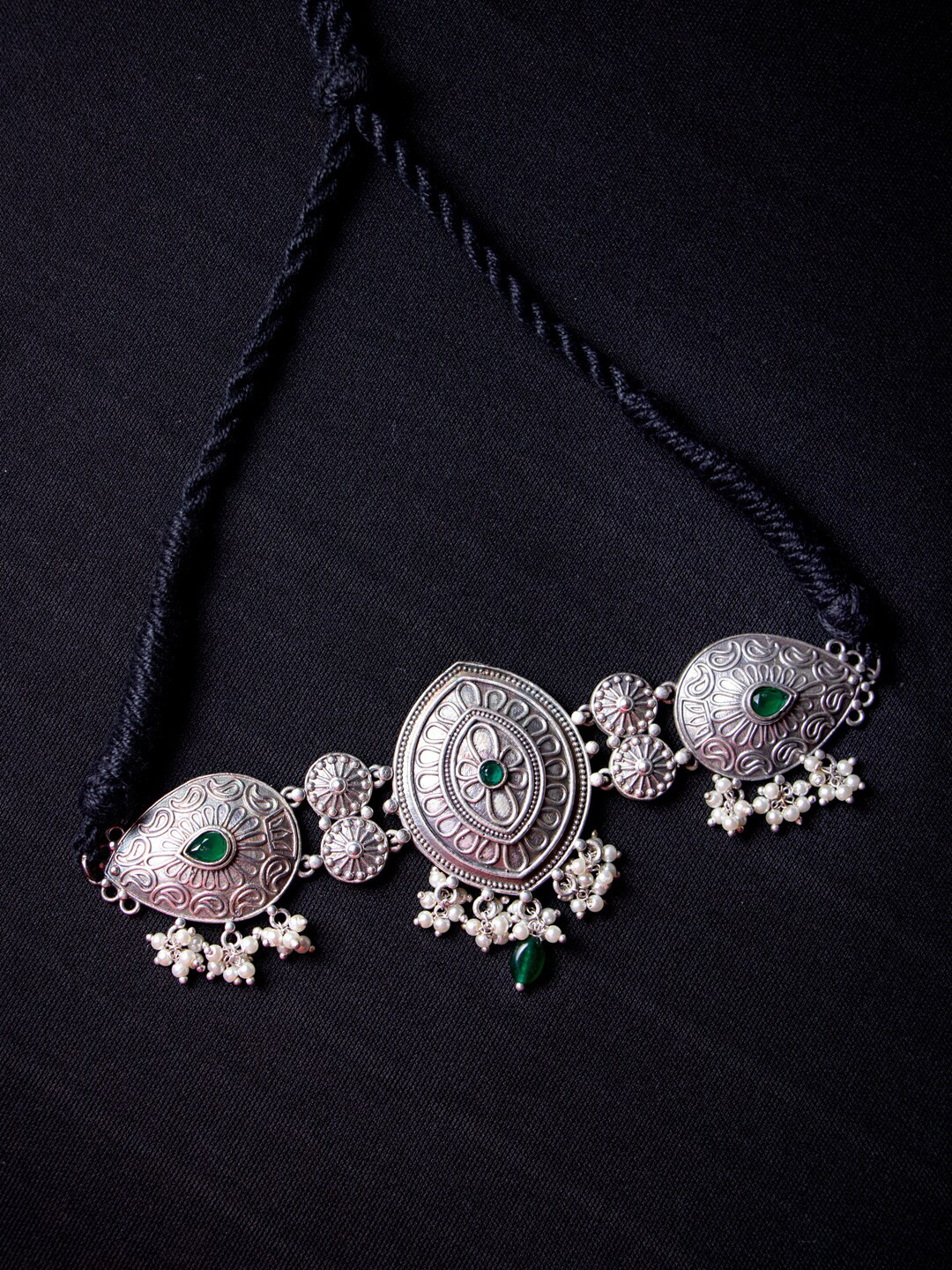 MORKANTH JEWELLERY Silver-Toned & Green Brass Tribal Design Handcrafted Choker Necklace