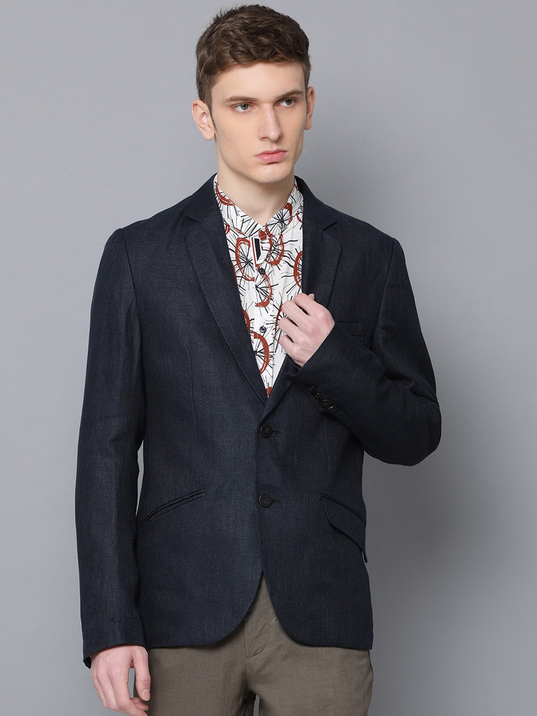 Antony Morato Men Navy Blue Self Design Single-Breasted Formal Blazer