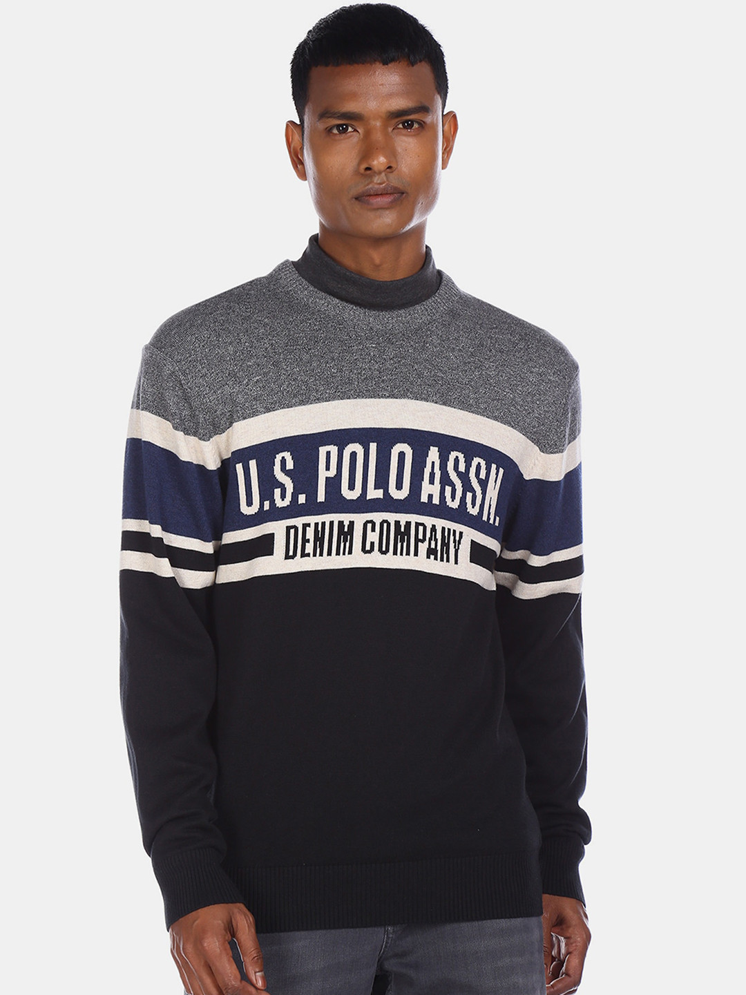 U.S. Polo Assn. Denim Co. Men Grey Solid Pullover Sweater