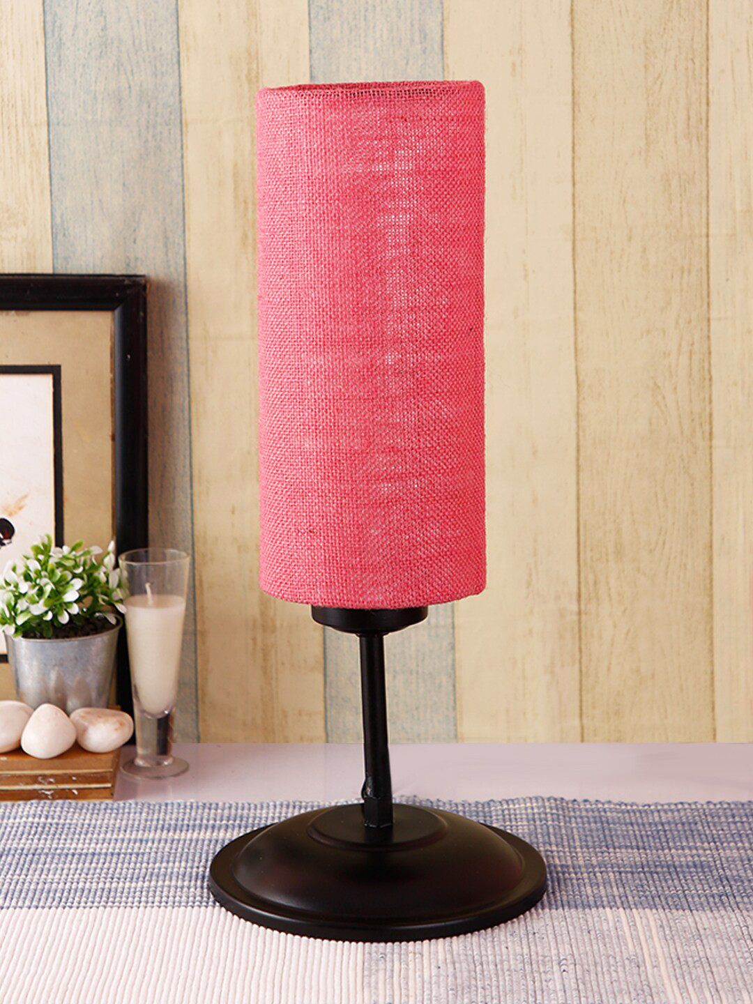 Devansh Pink & Black Solid Cylindrical Table Lamp