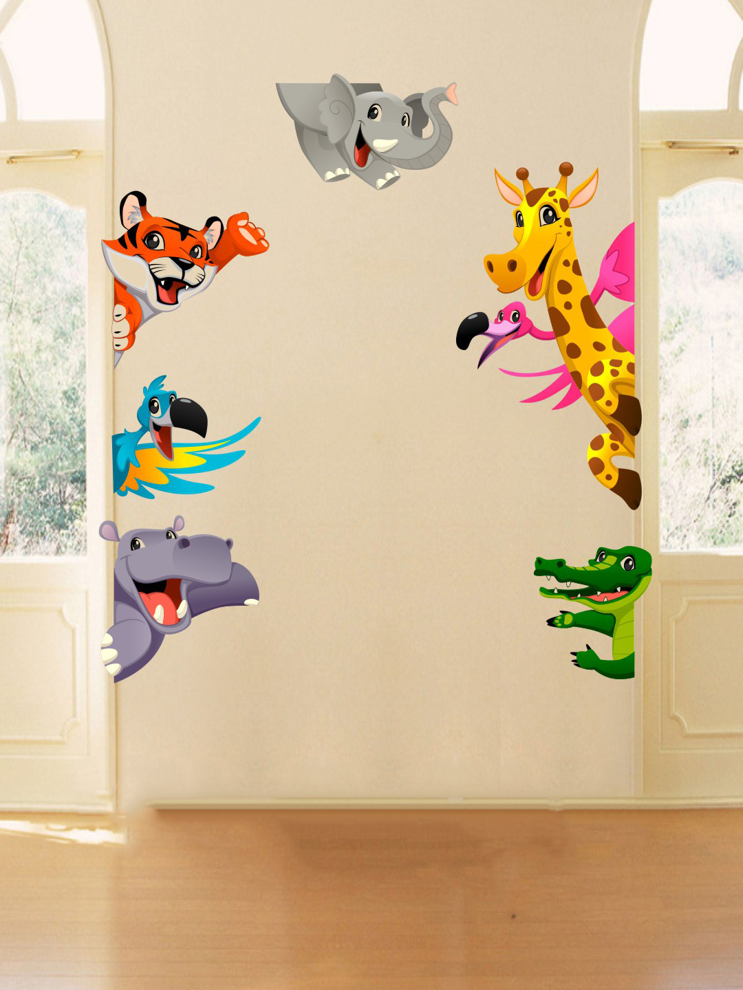 rawpockets Set Of 3 Yellow & Grey Cartoon Animals Vinyl Wall Stickers