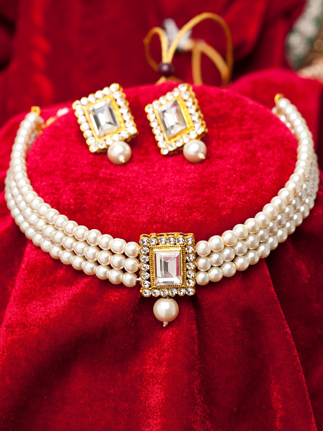 Shining Diva White & Gold-Toned Stone Studded & Pearl Embellished Antique Jewellery Set