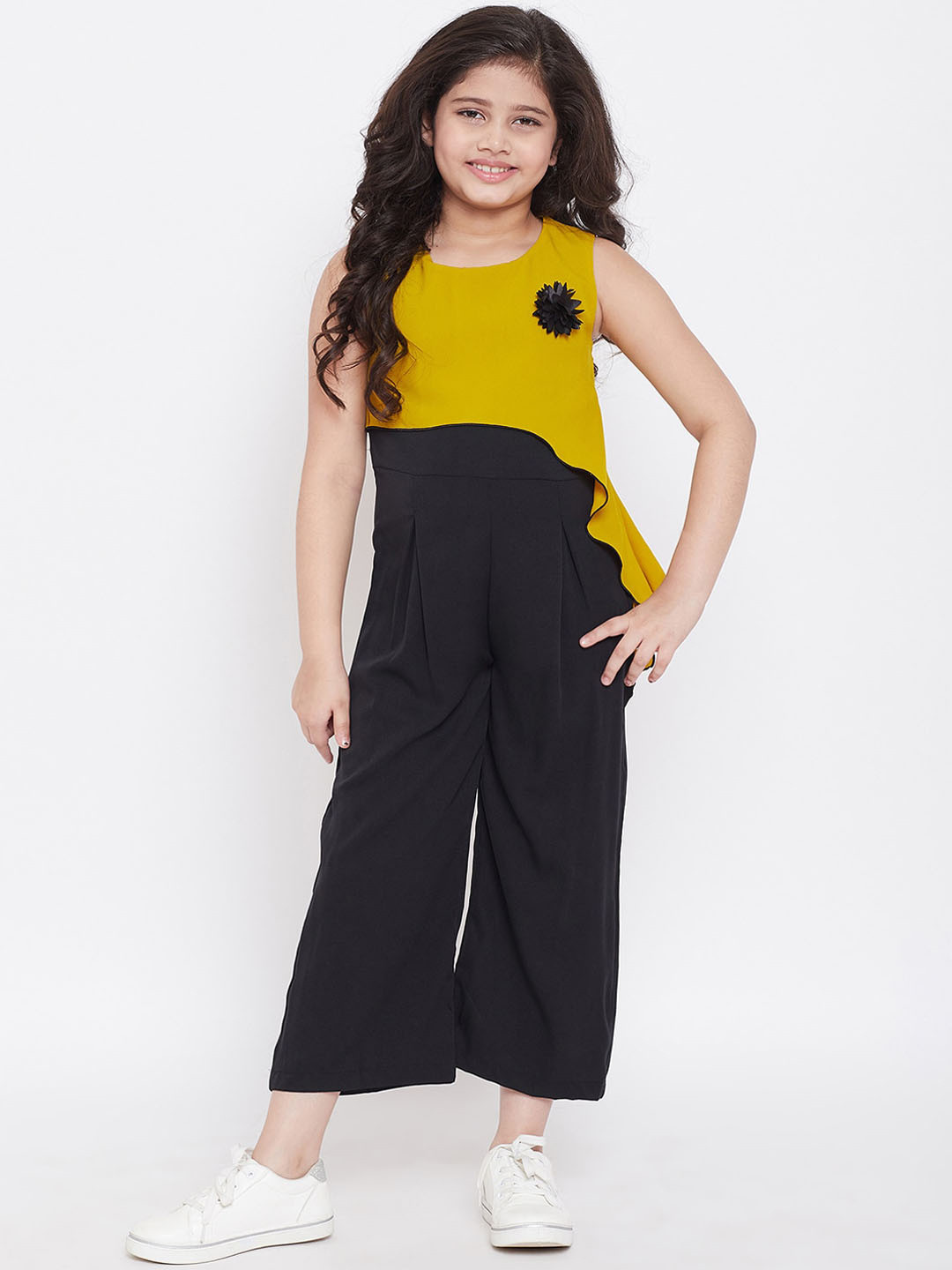 Stylo Bug Girls Yellow & Black Colourblocked Basic Jumpsuit