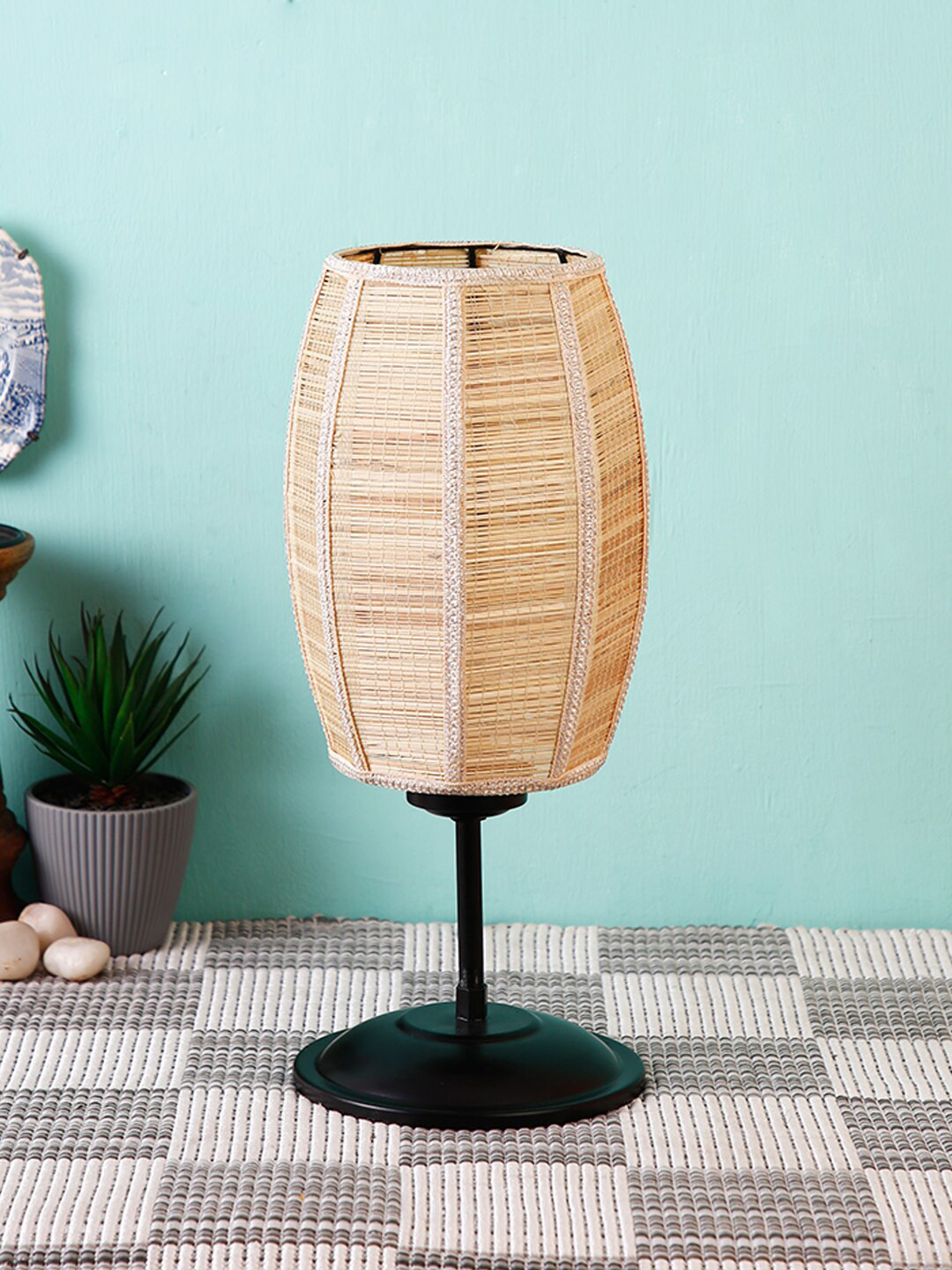 Devansh Beige & Black Solid Traditional Bamboo Table Lamp
