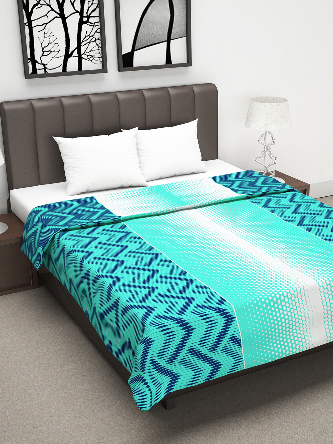 Divine Casa Sea Green & Blue Abstract AC Room 120 GSM Double Bed Dohar