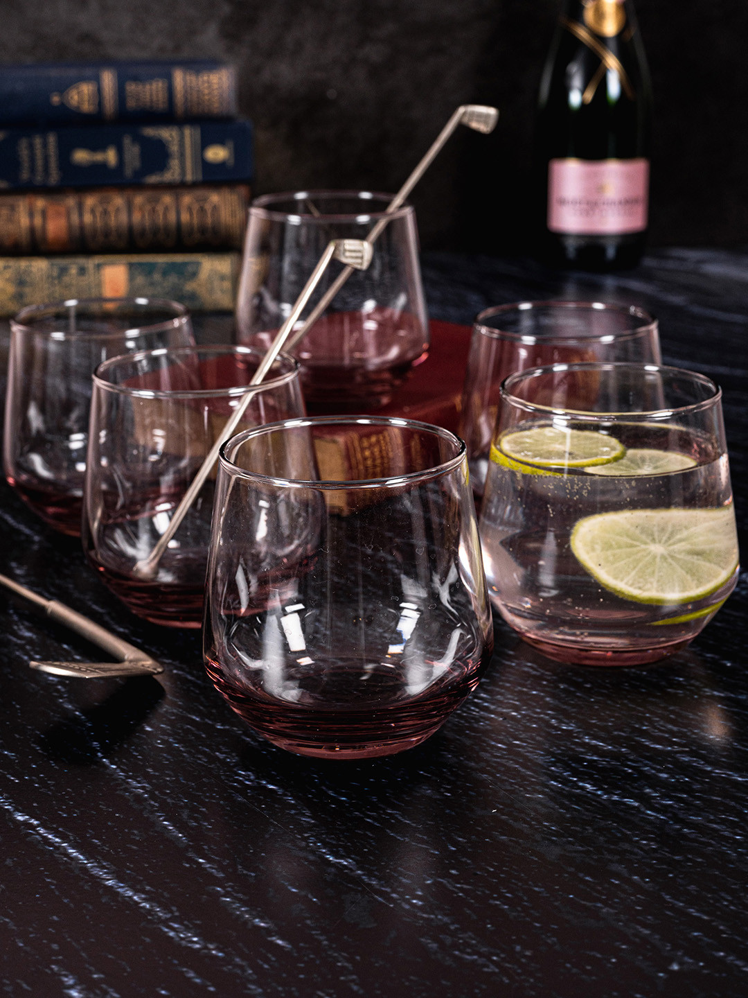 GOODHOMES Set Of 6 Transparent & Pink Glass Tumbler 360 ml