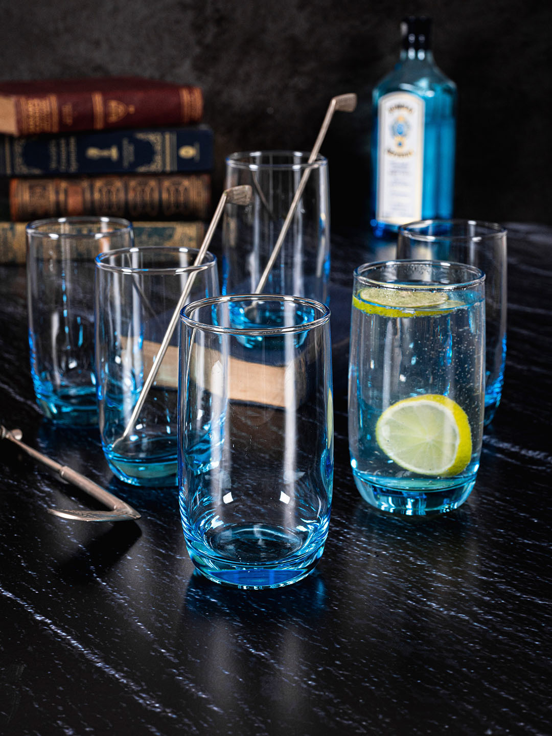 GOODHOMES Set Of 6 Blue & Transparent Solid Glass Tumblers