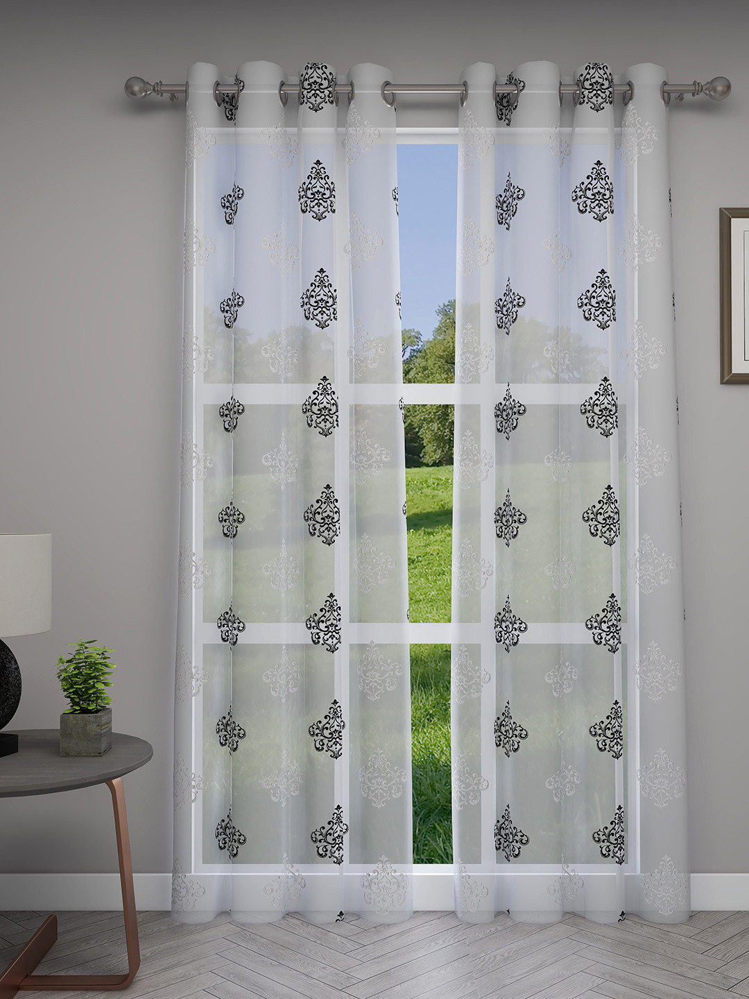 GM White & Black Set of 2 Embroidered Sheer Door Curtains