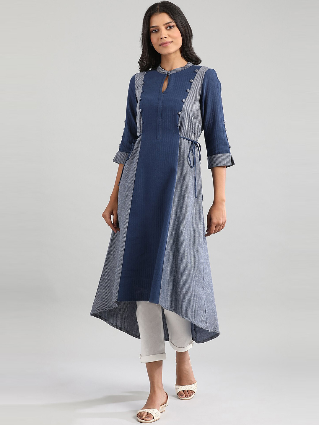 AURELIA Navy Blue Striped High-Low Kurta